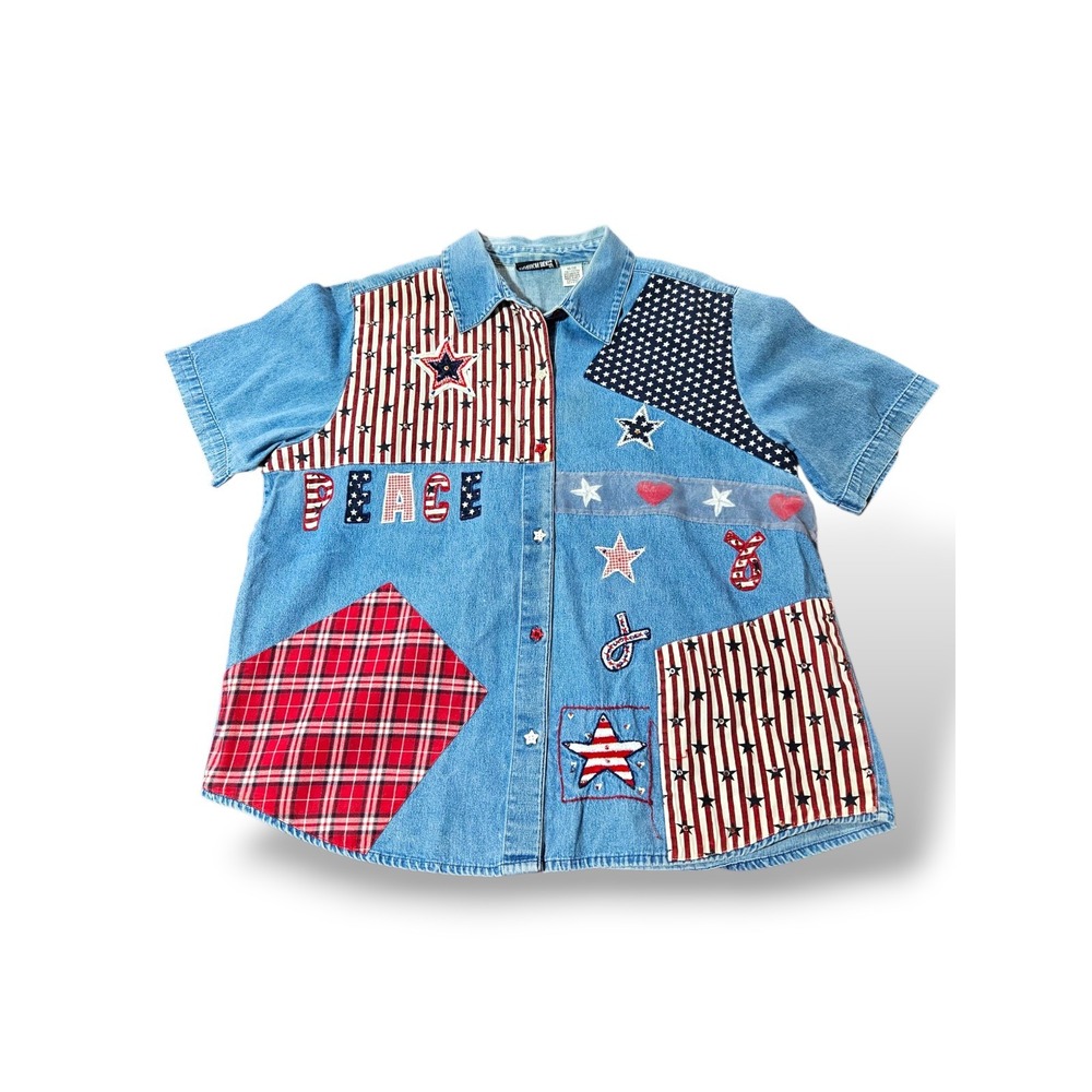 VTG Fashion Bug Americana Denim Patchwork Peace Shirt Stars Stripes Plus 18/20